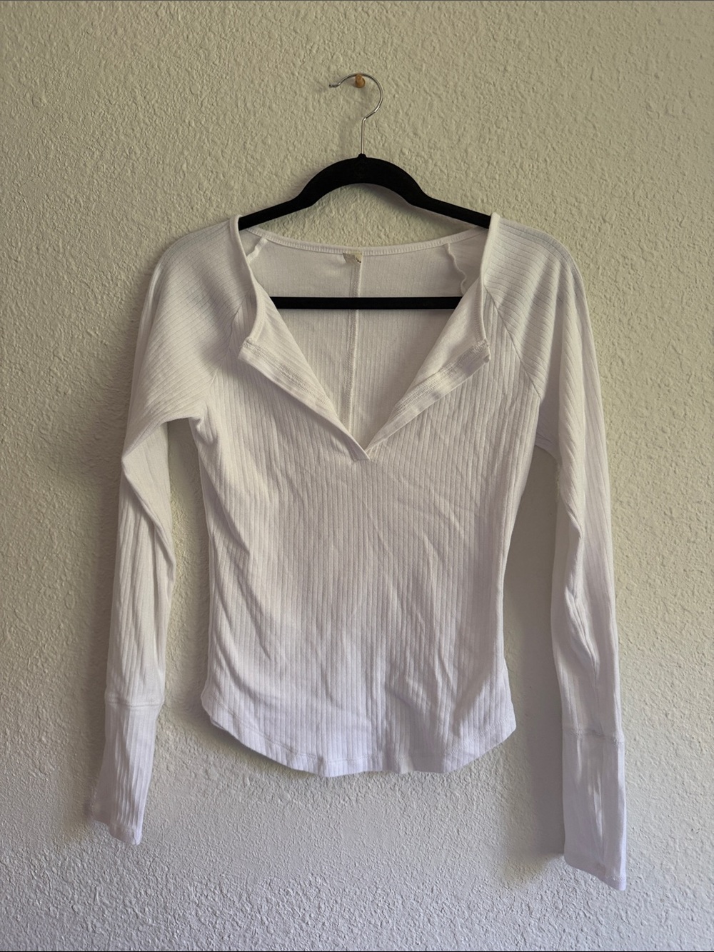 Free People White Ribbed Long Sleeve V-Neck Top